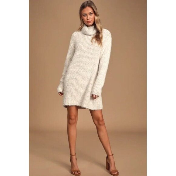 Lulus Dresses & Skirts - Lulus Sweet Whispers Ivory Multi Eyelash Knit Turtleneck Sweater Dress Size XS